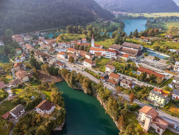 High angle view of townscape by sea