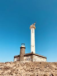 Low angle view of historical building against clear blue sky lighthous in lanzarote
