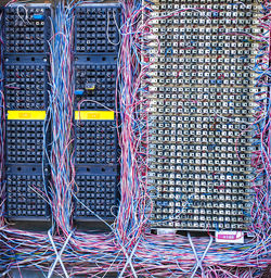 Telephone wires panel and switchboard panel. selective focus