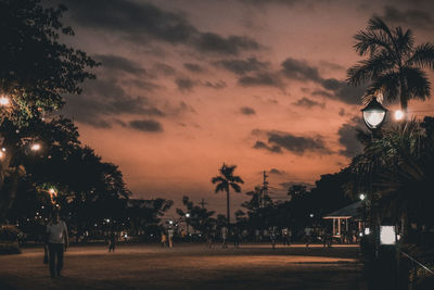 People by palm trees against sky at sunset