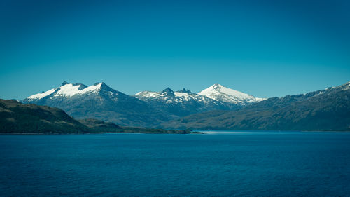 Scenic view of snowcapped mountains against clear blue sky