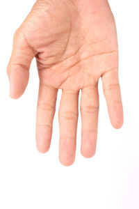 Close-up of human hand against white background