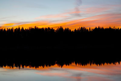 Silhouette trees by lake against sky during sunset