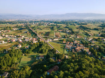 High angle view of agricultural field against sky