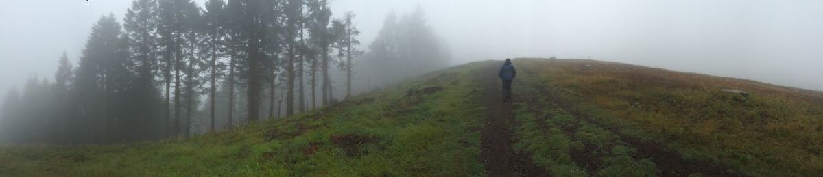 Scenic view of mountains in foggy weather