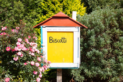 Close-up of yellow mailbox selling biscotti on pink flower against trees