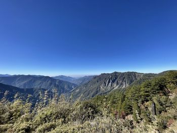 Scenic view of mountains against clear blue sky