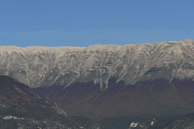 Scenic view of snowcapped mountains against clear blue sky