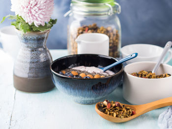 Close-up of breakfast on table