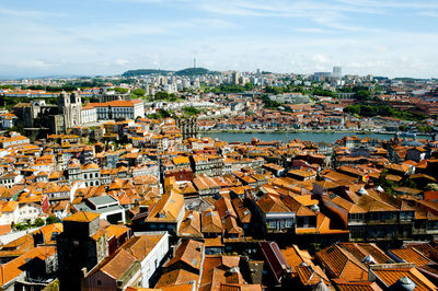 High angle shot of townscape against sky