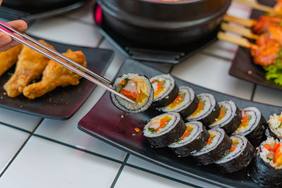 High angle view of sushi in plate on table