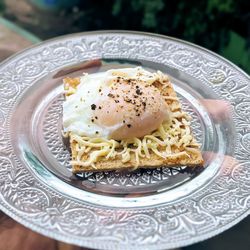 High angle view of breakfast served on table