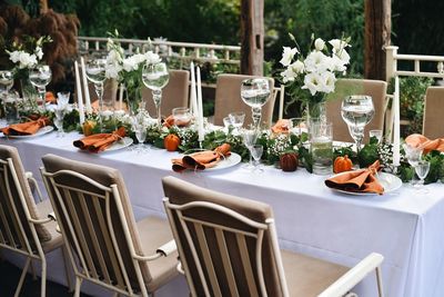 View of decorated wedding table in garden 