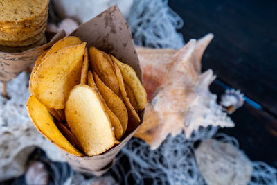 High angle view of bread on leaves