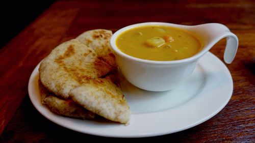 Close-up of soup in bowl on table