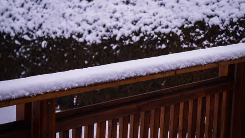Snow covered railing against snowcapped mountains during winter