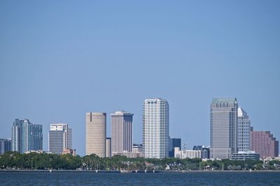 Modern buildings in city against clear blue sky