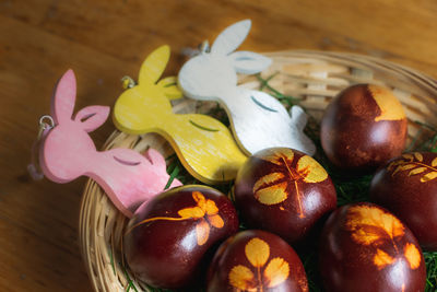 High angle view of fruits in basket on table