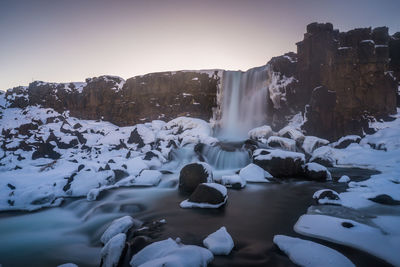 Scenic view of waterfall against sky during winter