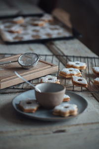 High angle view of cookies on table