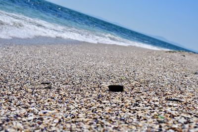 Surface level of pebble beach against sky