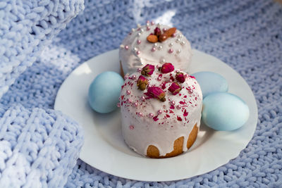 High angle view of dessert in plate on table