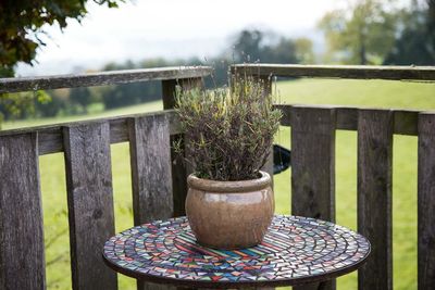 Close-up of wooden table in yard