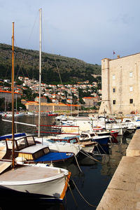 Sailboats moored on harbor by sea against sky