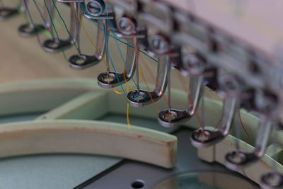 Close-up of colorful threads in sewing machine