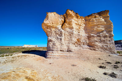 Rock formations against clear blue sky