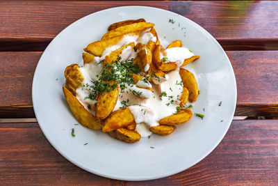 High angle view of food in plate on table