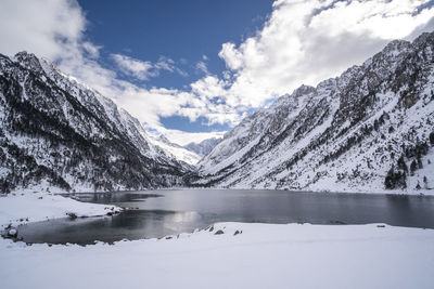 Scenic view of snowcapped mountains against sky