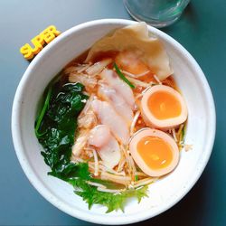 High angle view of soup in bowl on table