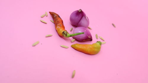 High angle view of fruits against pink background