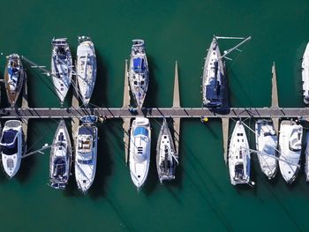 Directly above shot of yachts moored on sea 