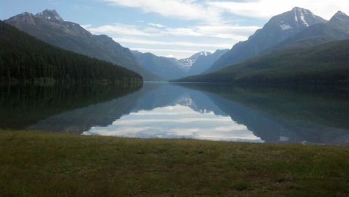 Bowman lake mountain and sky reflection
