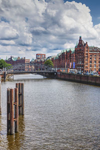 Bridge over river with buildings in background