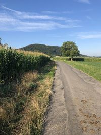 Empty road amidst field against sky