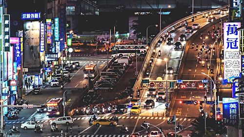 High angle view of city street at night