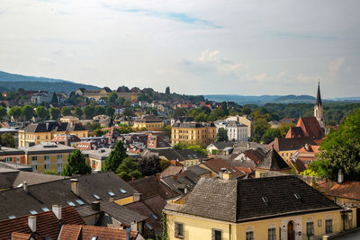 High angle view of townscape against sky