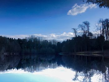 Reflection of trees in lake against blue sky