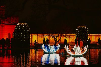 People by illuminated lake against sky at night