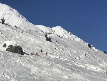 Scenic view of snowcapped mountains against clear sky