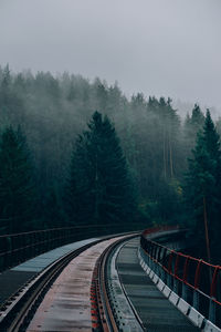 High angle view of railroad tracks amidst trees against sky