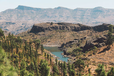 Scenic view of river and mountains against clear sky