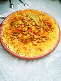 High angle view of breakfast in bowl on table