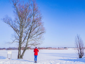 Rear view of woman standing on field against clear blue sky during winter