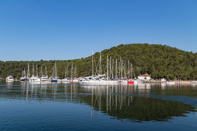 Sailboats moored in lake against clear sky