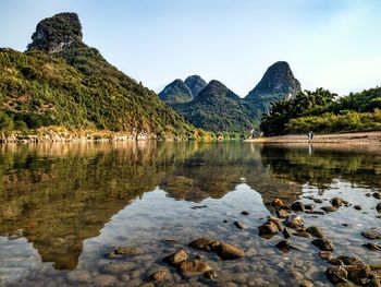 Scenic view of lake and mountains against sky