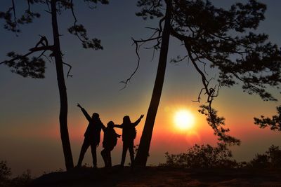 Silhouette people standing by tree against sky during sunset